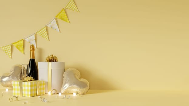 Elegant yellow-themed celebration featuring champagne bottles and heart-shaped balloons with charming decor elements.