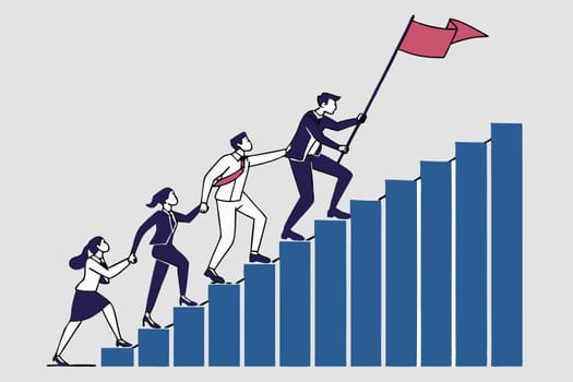Teamwork and Leadership Achieving Success Concept. In the graphic, a group of professionals are moving up a staircase consisting of consecutive blue bars. The leader at the front carries a flag symbolizing success, while other members hold hands to support. This visual emphasizes the importance of teamwork, leadership, and achieving success together. The gray background offers simplicity with a minimal design approach.