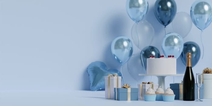Festive blue-themed party setup with cake, balloons, champagne, and gift boxes providing a serene atmosphere.