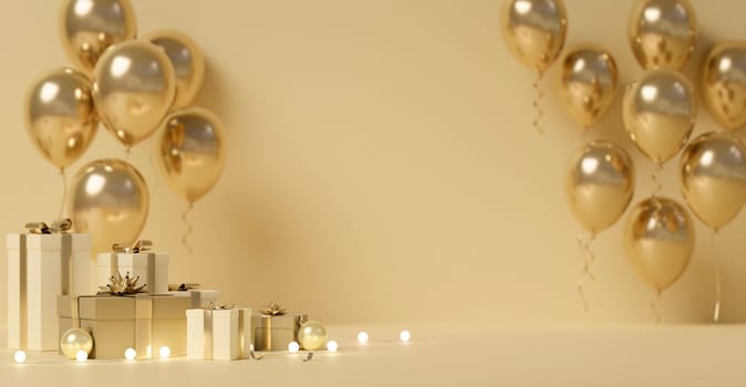 Luxurious gold-themed celebration setup with gold balloons and neatly wrapped gift boxes on a gold backdrop.