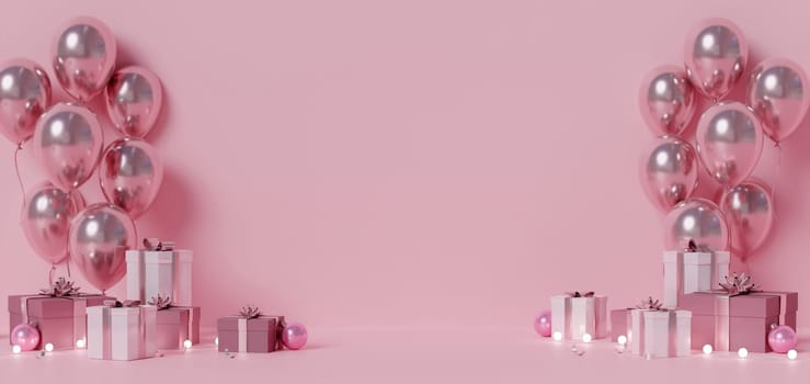 Luxurious pink celebration scene with glossy balloons and variously sized gift boxes on a pink background.