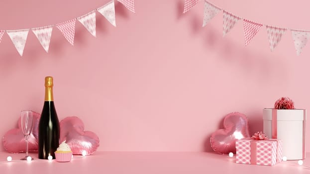 Elegant pink-themed party scene featuring champagne, heart-shaped balloons, and delicate decor elements.