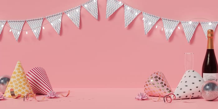 Playful pink-themed party setting featuring champagne bottles, party hats, and bunting flags creating a lively celebration.
