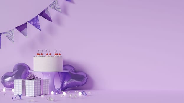 A festive purple-themed celebration with a cake decorated with cherries, heart balloons, and gift boxes, full of charm.