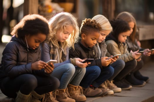 Group of multiethnic children using their smartphones. Generative ai.