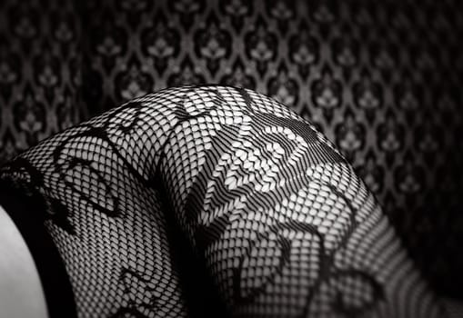 A close-up view of a leg adorned with intricate black fishnet stockings, contrasting beautifully with the dark, patterned wallpaper.