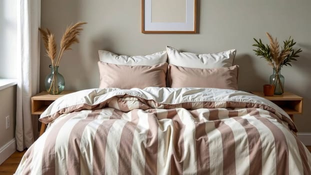 Striped linen duvet cover with mocha mousse stripes in a cottage-style bedroom. Cottagecore, color of the year 2025.