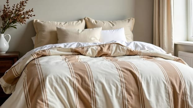 Striped linen duvet cover with mocha mousse stripes in a cottage-style bedroom. Cottagecore, color of the year 2025.