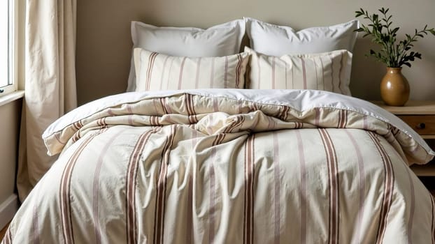 Striped linen duvet cover with mocha mousse stripes in a cottage-style bedroom. Cottagecore, color of the year 2025.