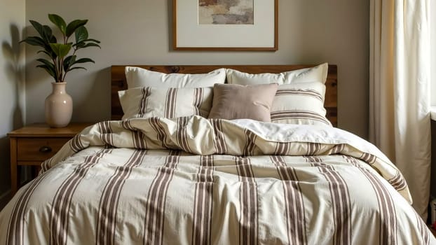 Striped linen duvet cover with mocha mousse stripes in a cottage-style bedroom. Cottagecore, color of the year 2025.
