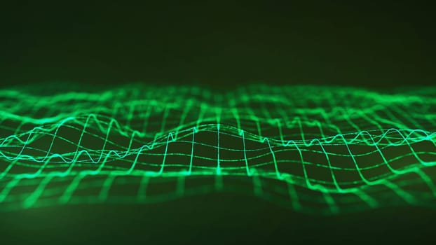 A digital abstract visualization featuring glowing green grids representing technology and environmental innovation. Set against a gradient green background, it showcases sustainability and futuristic concepts.