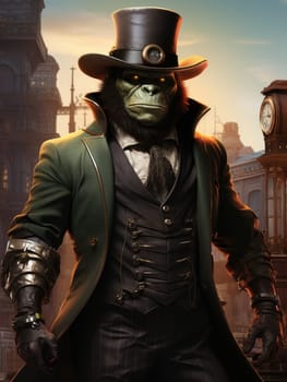 A striking steampunk gorilla stands confidently in a Victorian city, dressed in a tailored suit with metallic accessories.