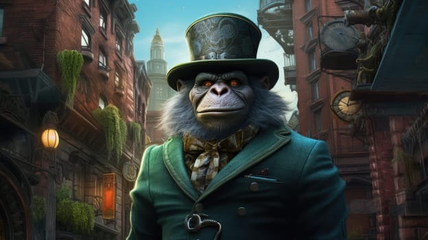 In a bustling steampunk city, a well-dressed gorilla stands confidently. Clad in a stylish green suit and top hat, he gazes thoughtfully at the intricate architectural wonders surrounding him.