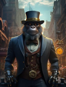 In a lively Victorian-era city, a majestic steampunk gorilla captures attention with its detailed attire, complete with a top hat and goggles.