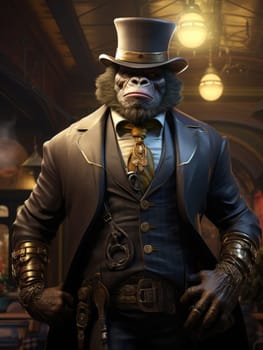 A striking steampunk gorilla stands confidently, dressed in a tailored suit and top hat. The warm glow of gas lamps illuminates a Victorian-inspired interior, adding to the enchanting atmosphere.