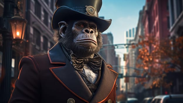 A striking steampunk gorilla clad in a tailored suit and top hat stands confidently in a bustling Victorian city.