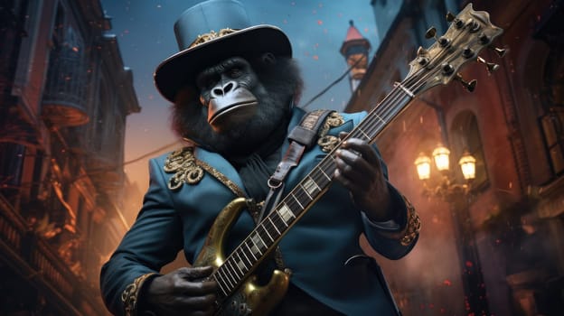 In a bustling steampunk-inspired city, a gorilla dons an elegant outfit, skillfully playing a golden guitar. The atmosphere bursts with energy as colorful lights illuminate the charming streets.