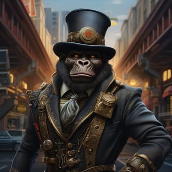 A striking steampunk gorilla dressed in an ornate suit stands confidently in a vibrant urban setting. The warm dusk light highlights the intricate mechanical details of his attire.