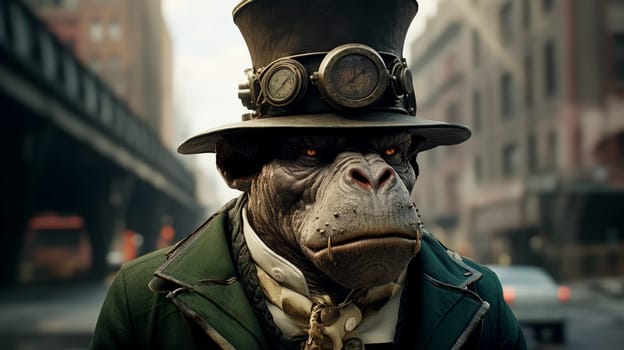 In a bustling urban environment, a steampunk gorilla dons a stylish top hat and elegant clothing, exuding confidence.