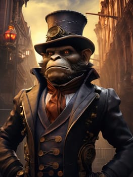A grand gorilla dressed in intricate steampunk attire poses confidently against a backdrop of cobblestone streets and illuminated gas lamps. The amber glow of twilight casts an enchanting aura.