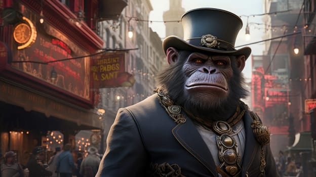 A striking gorilla clad in steampunk attire stands confidently amidst a vibrant Victorian city.