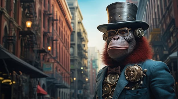In a captivating alternate reality, a steampunk gorilla adorned with a top hat and decorative glasses walks through a lively urban setting filled with vintage architecture and bustling energy.