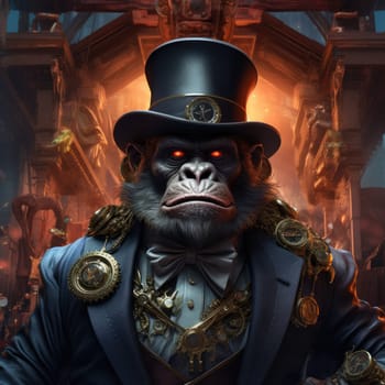 A striking steampunk gorilla stands tall, showcasing elaborate brass accessories and a stylish top hat.