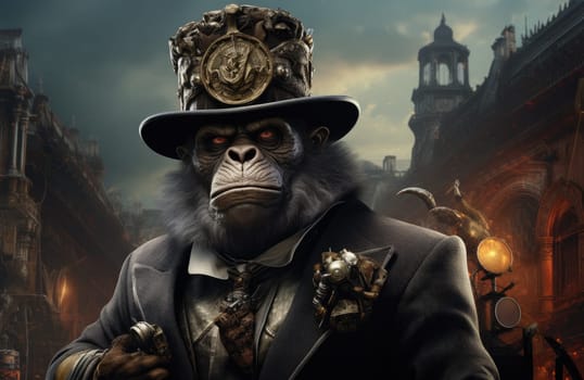 In a captivating street of a steampunk city, a striking gorilla stands confidently.