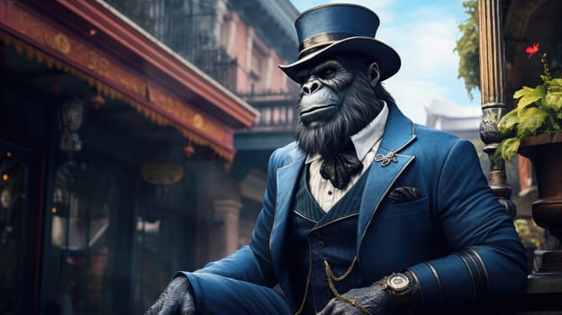A majestic steampunk gorilla sits elegantly in a fitted suit, showcasing intricate details of a bygone era.