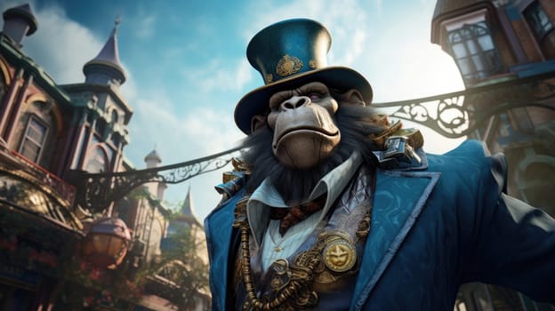 In a lively, retro-futuristic city, a steampunk gorilla dressed in an ornate coat stands confidently against a backdrop of majestic buildings. The warm sunlight enhances the scene’s vibrant charm.