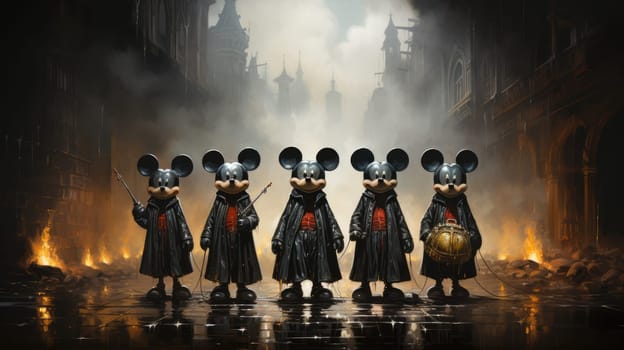Five Mickey Mouse figures stand in a foggy, shadowy setting. They are dressed in dark cloaks, creating an eerie atmosphere. The background features faint silhouettes of buildings and smoky tendrils.