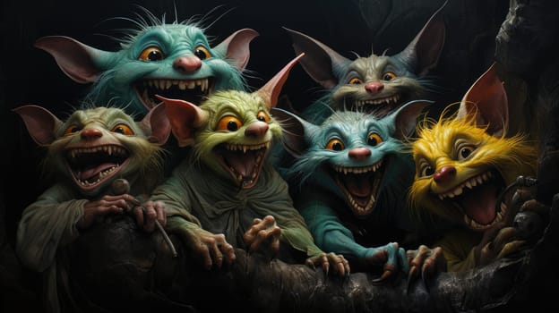 Six colorful, animated creatures display mischievous grins in a shadowy cave. Their vibrant fur and oversized ears create a whimsical atmosphere filled with enchantment and curiosity.