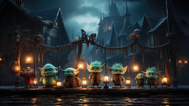A group of whimsical creatures gathers in a dark, enchanted village illuminated by glowing lanterns. The surreal setting is enhanced by the dramatic twilight sky and distant castle silhouette.