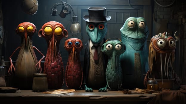 A group of distinct, animated characters stands together in a quirky, dimly lit environment. Each character showcases vibrant colors and unique features, creating a whimsical atmosphere.