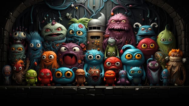 A vibrant collection of imaginative monsters gathers together in a fantastical underground chamber. Each creature showcases unique colors, shapes, and expressions, creating a lively atmosphere.