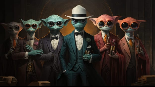 A group of six fantastical, colorful characters dressed in formal suits and stylish accessories gathers in a dimly lit, sophisticated environment, exuding charm and confidence.