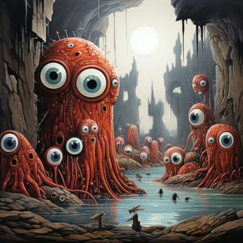 Strange, eye-catching creatures with multiple eyes populate a dark cave landscape. A winding river flows through the scene, illuminated by bright sunlight above, creating an eerie atmosphere.