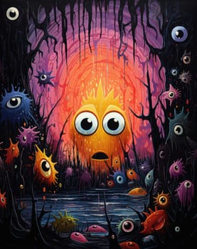 Unusual vibrant creatures with large eyes gather by a dark lake surrounded by eerie trees. The sunset casts an orange glow, creating a surreal and captivating atmosphere.