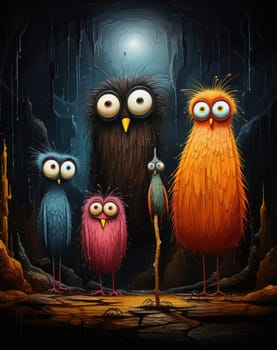 A group of whimsical, colorful creatures stands together in a dim cave, illuminated by a faint light. This scene captures their playful and curious expressions in a fantastical setting.