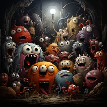 A group of assorted whimsical monsters with vibrant colors and exaggerated features expresses various emotions in a dimly lit underground setting. Their playful chaos creates an amusing atmosphere.