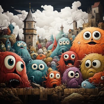 A vibrant array of friendly, furry monsters contrasts against a whimsical village. These creatures display a range of emotions, suggesting a lively atmosphere filled with fun and curiosity.