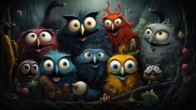A group of ten vibrant cartoon birds with various colors and features stands together in a mystical forest. They appear happy and playful, surrounded by trees and whimsical elements.
