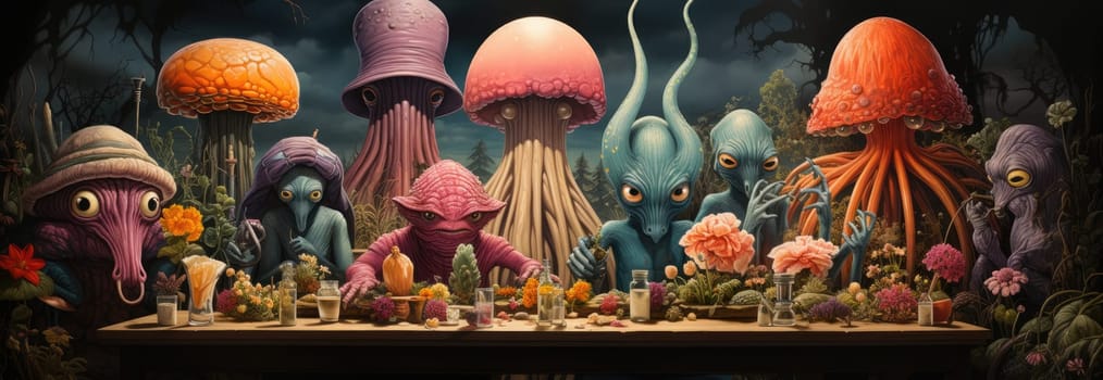 A gathering of vibrant alien beings, each unique in shape and color, is seated around a long wooden table adorned with flowers and various dishes.