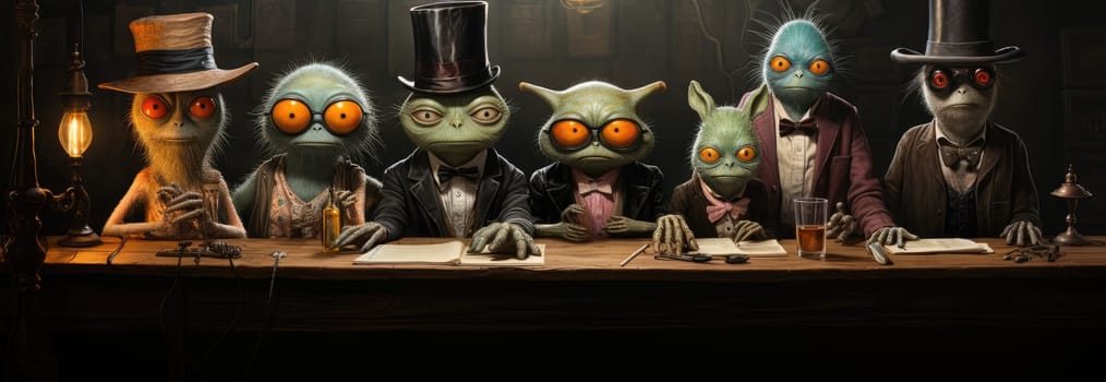 A group of unique, humanoid creatures sits at a wooden bar, dressed in formal attire. The atmosphere is dim, illuminated by warm light, creating an intriguing mood for their gathering.