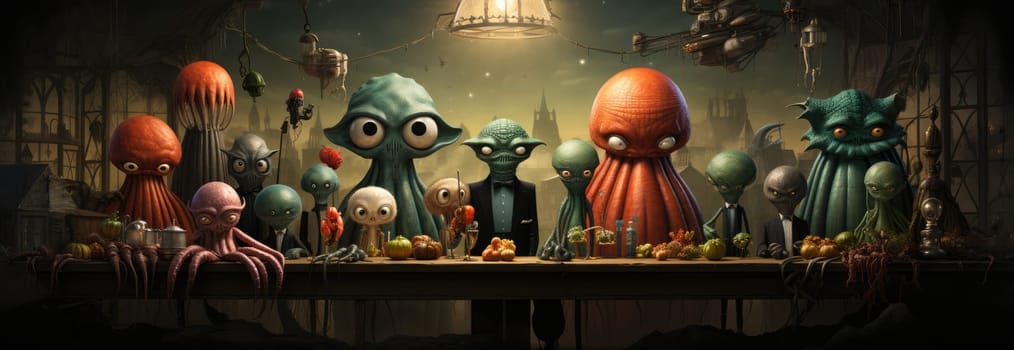 A group of vibrant octopus creatures congregates around a long table filled with various foods, set in a dimly lit, surreal environment. Quirky details enhance the whimsical atmosphere.
