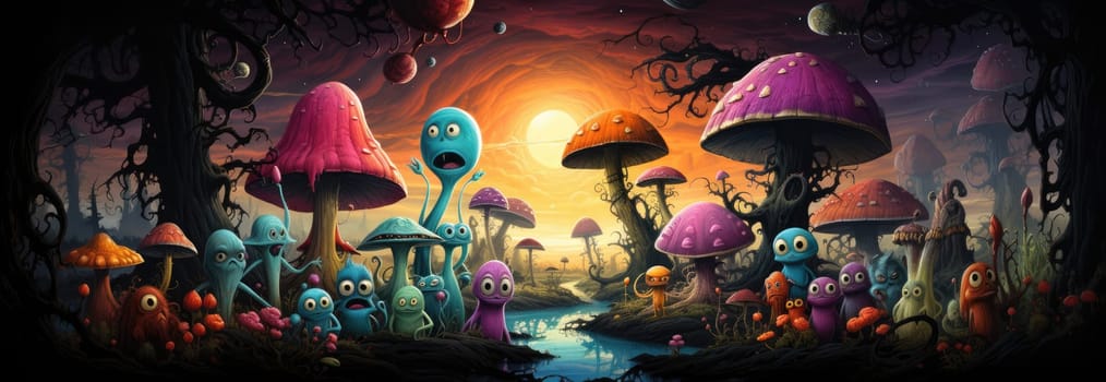 A group of whimsical, cartoon-like creatures congregate in a vibrant mushroom forest under a dramatic sunset. The scene is lively with diverse colors and playful expressions.