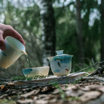 Enjoy a tranquil tea ceremony amidst natures beauty, featuring elegant and intricately designed porcelain