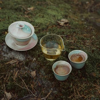 A tranquil and serene tea setting that features delicate cups alongside a charming teapot, all in a natural setting