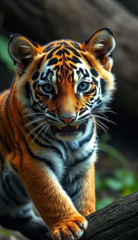 A young tiger with bright orange fur and distinctive black stripes is perched on a log in a verdant forest. The animal gazes intently, showcasing its captivating gaze and playful demeanor.