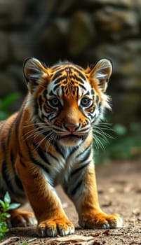 A young tiger with striking orange and black stripes observes its surroundings in a lush green environment. Sunlight filters through the foliage, highlighting its curious expression.